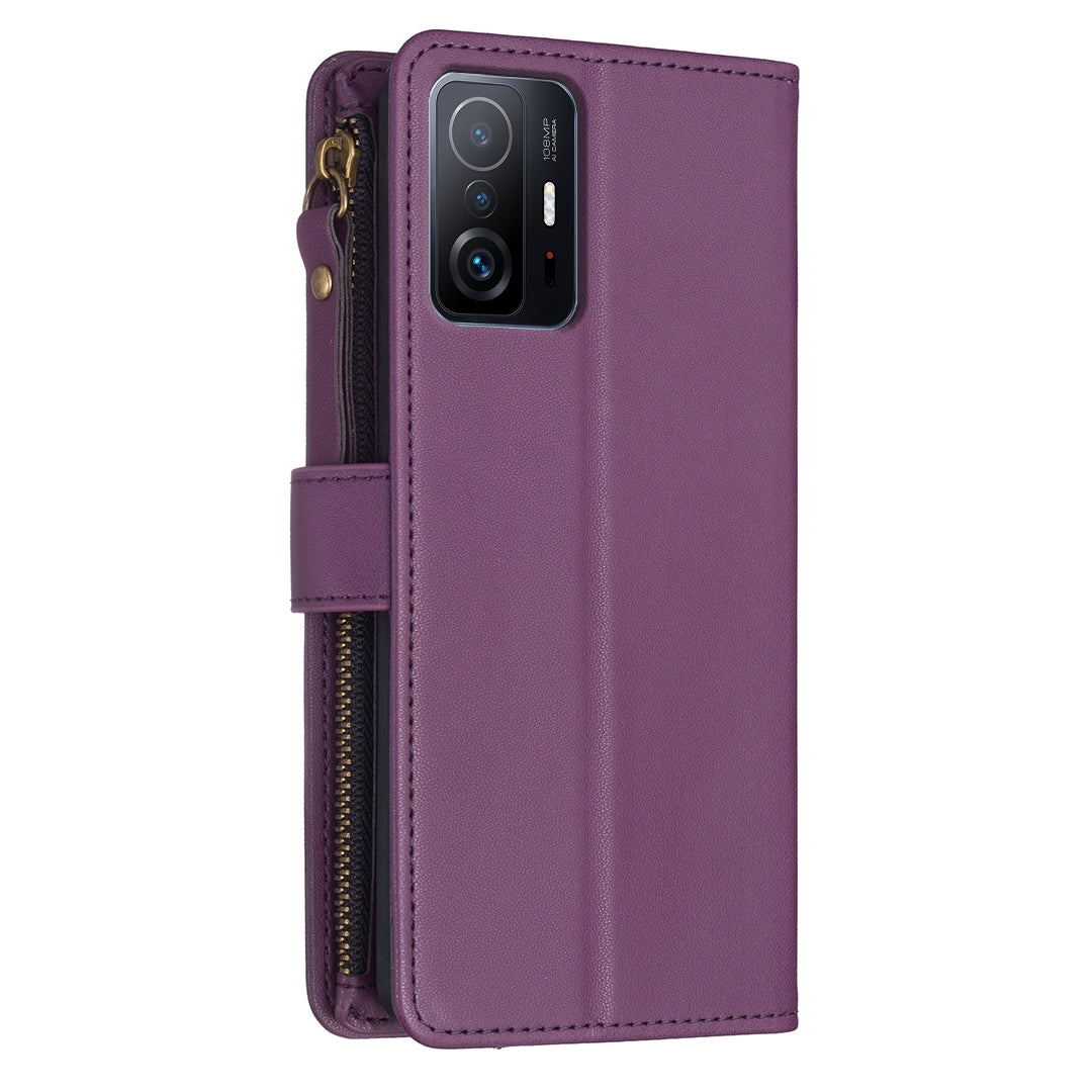 Xiaomi Mi 11T Pro Leather Flip Phone Case with Zipper Wallet and 9 Card Slots, Durable PU + TPU Material