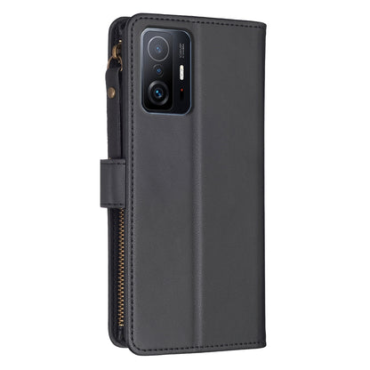 Xiaomi Mi 11T Leather Flip Phone Case with Zipper Wallet and 9 Card Slots, Durable PU + TPU Material