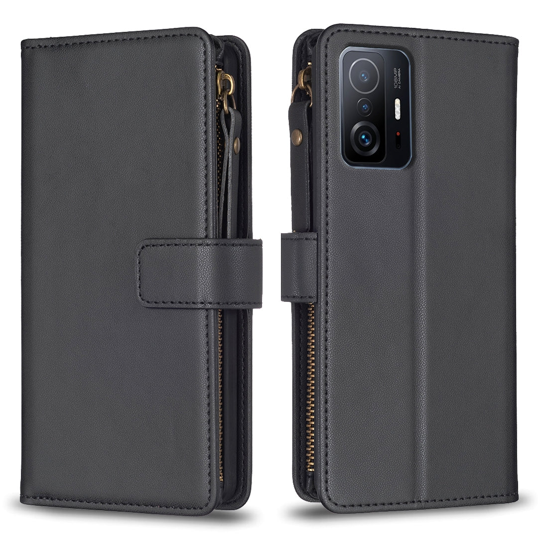 Xiaomi Mi 11T Pro Leather Flip Phone Case with Zipper Wallet and 9 Card Slots, Durable PU + TPU Material