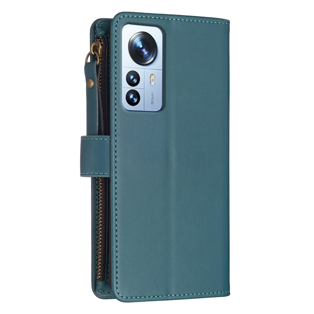 Xiaomi 12 Pro Leather Flip Phone Case with Zipper Wallet and 9 Card Slots, Durable PU + TPU Material