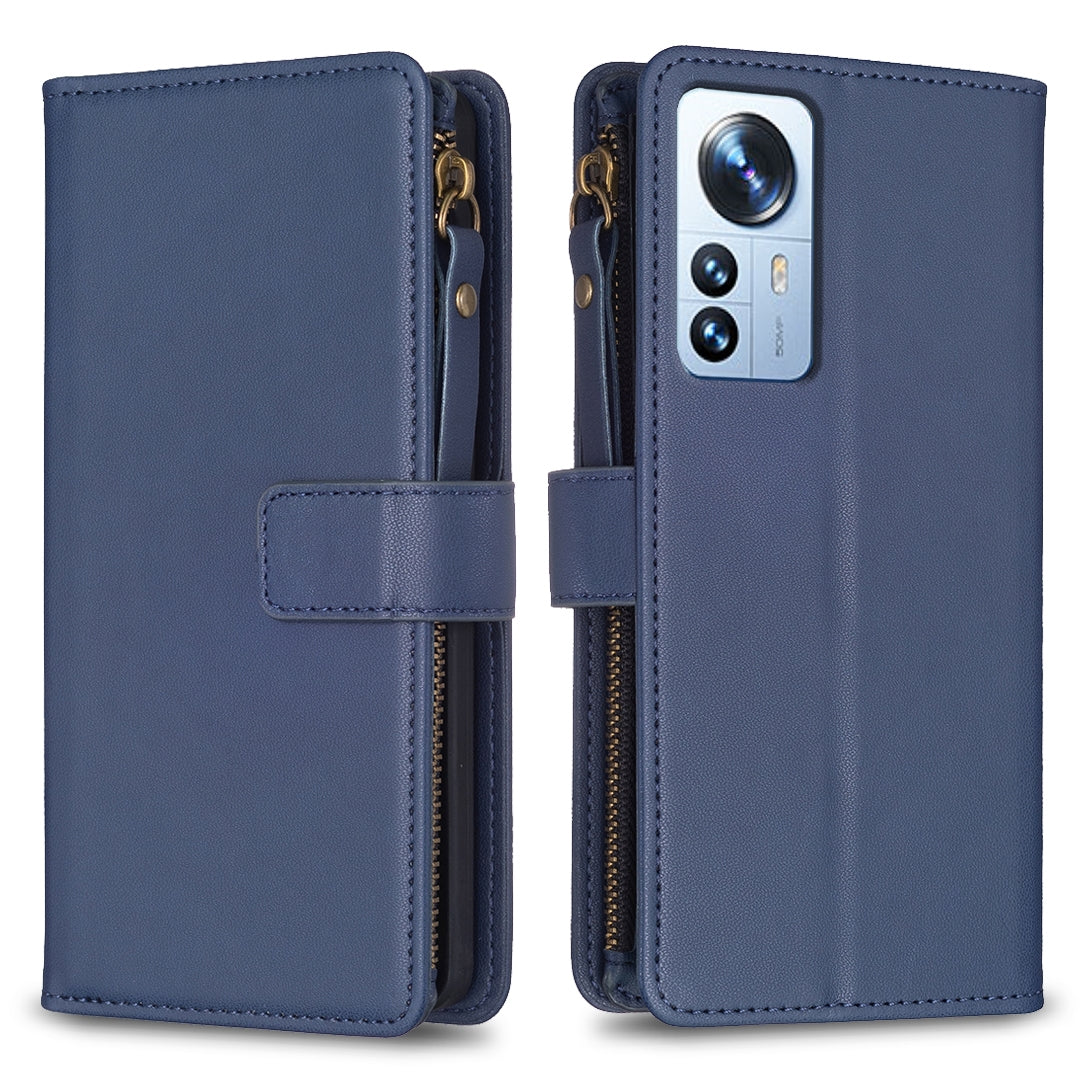 Xiaomi 12 Pro Leather Flip Phone Case with Zipper Wallet and 9 Card Slots, Durable PU + TPU Material