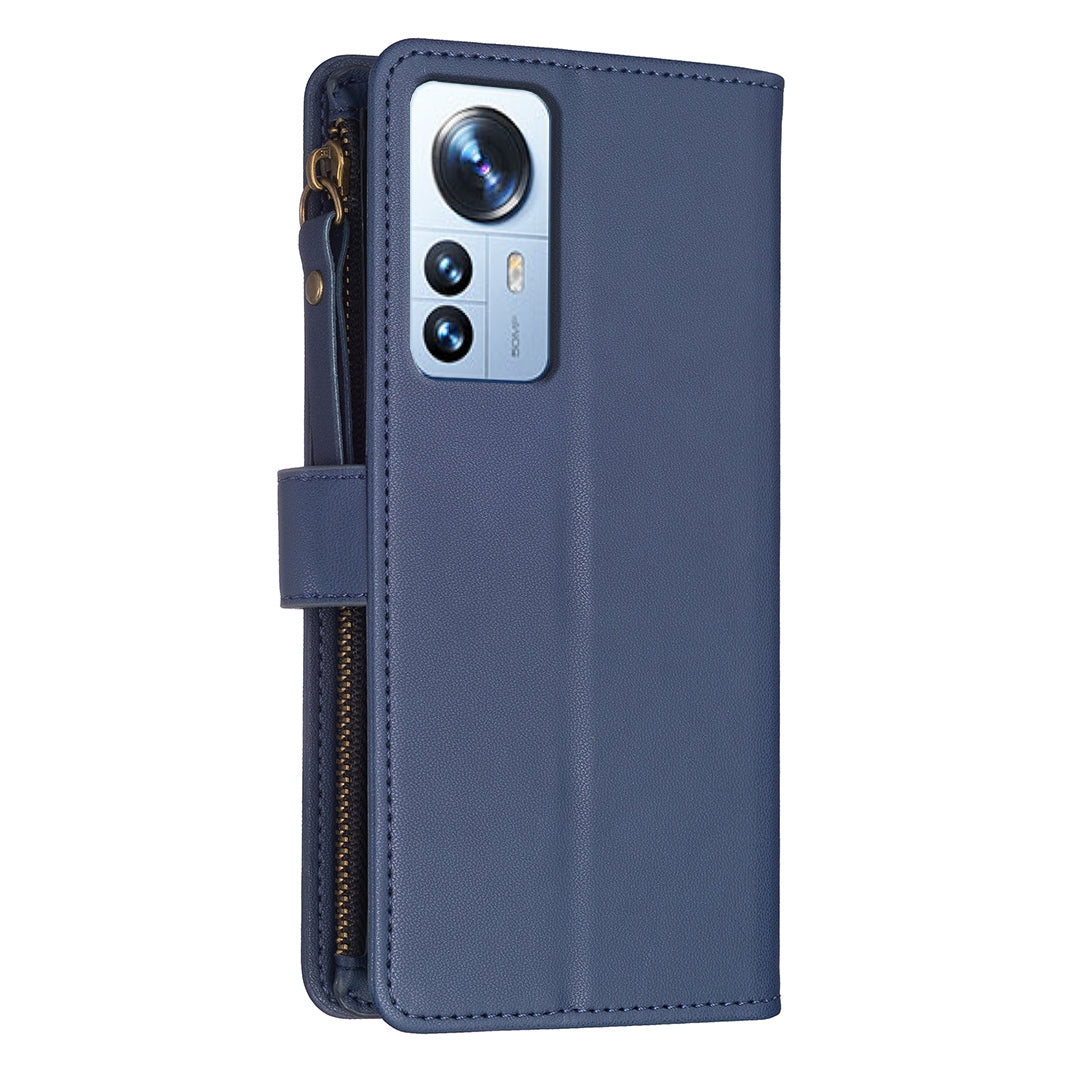 Xiaomi 12 Pro Leather Flip Phone Case with Zipper Wallet and 9 Card Slots, Durable PU + TPU Material