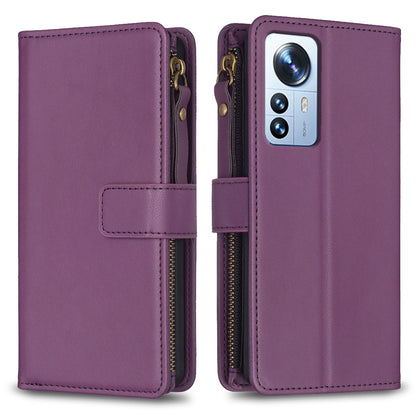 Xiaomi 12 Pro Leather Flip Phone Case with Zipper Wallet and 9 Card Slots, Durable PU + TPU Material