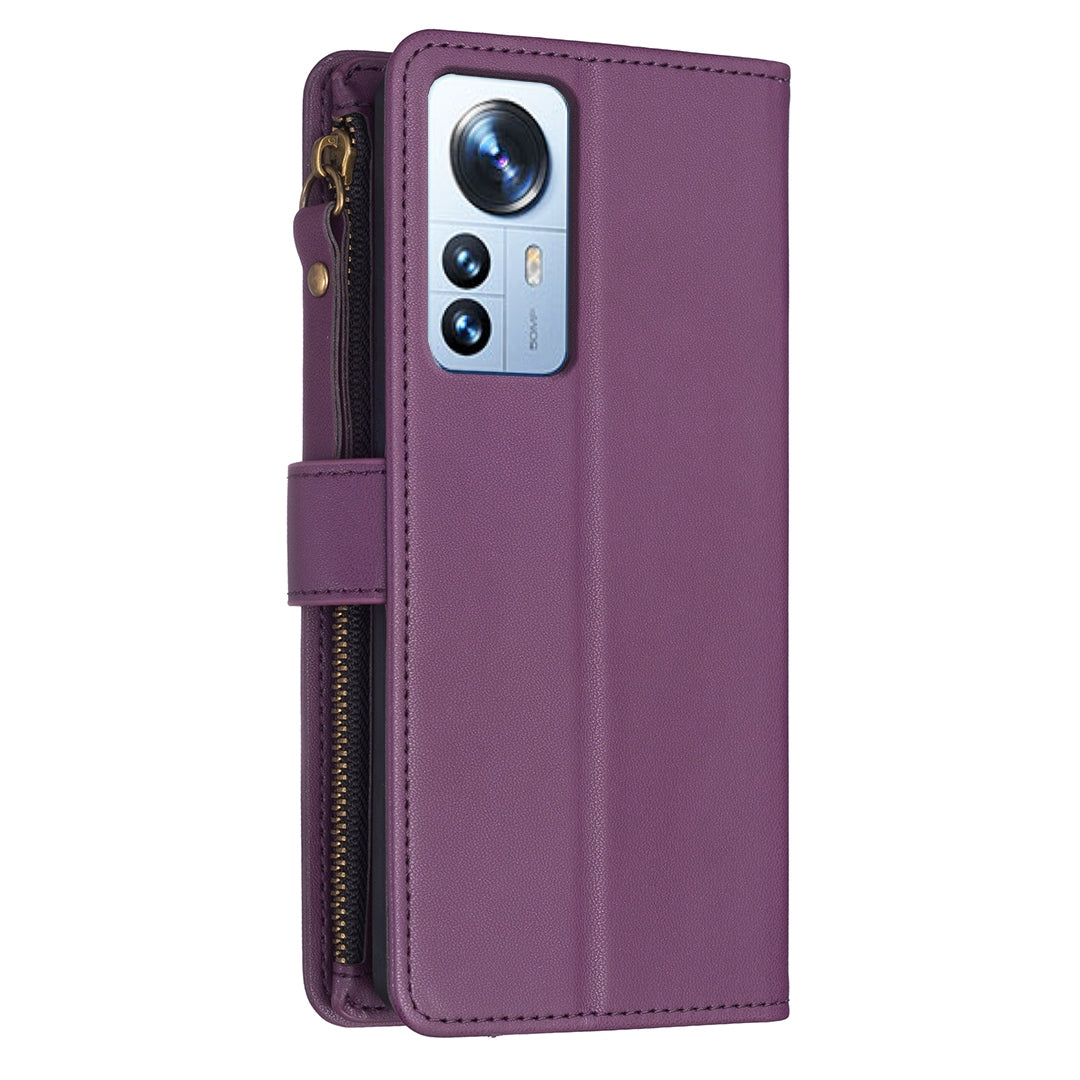 Xiaomi 12 Pro Leather Flip Phone Case with Zipper Wallet and 9 Card Slots, Durable PU + TPU Material