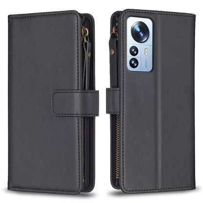 Xiaomi 12 Pro Leather Flip Phone Case with Zipper Wallet and 9 Card Slots, Durable PU + TPU Material