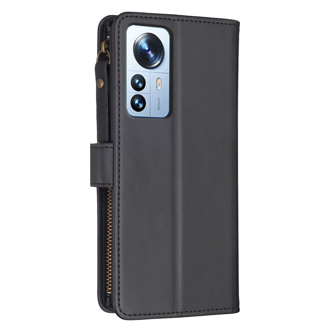 Xiaomi 12 Pro Leather Flip Phone Case with Zipper Wallet and 9 Card Slots, Durable PU + TPU Material