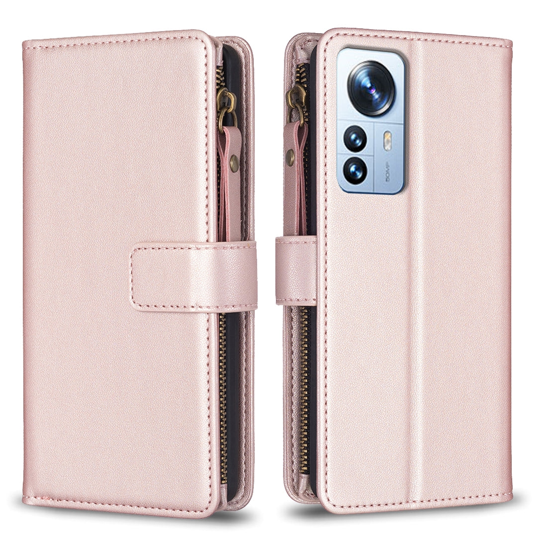 Xiaomi 12 Pro Leather Flip Phone Case with Zipper Wallet and 9 Card Slots, Durable PU + TPU Material