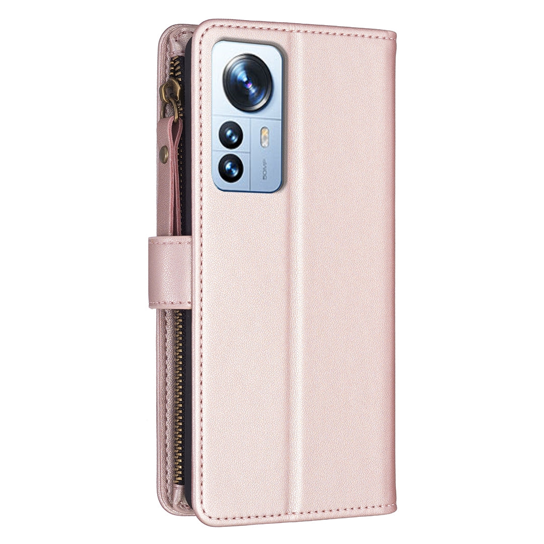 Xiaomi 12 Pro Leather Flip Phone Case with Zipper Wallet and 9 Card Slots, Durable PU + TPU Material