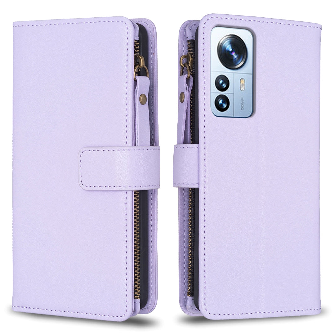 Xiaomi 12 Pro Leather Flip Phone Case with Zipper Wallet and 9 Card Slots, Durable PU + TPU Material