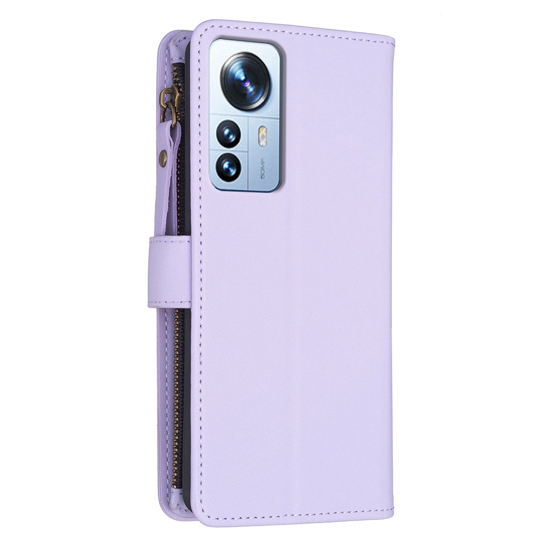 Xiaomi 12 Pro Leather Flip Phone Case with Zipper Wallet and 9 Card Slots, Durable PU + TPU Material