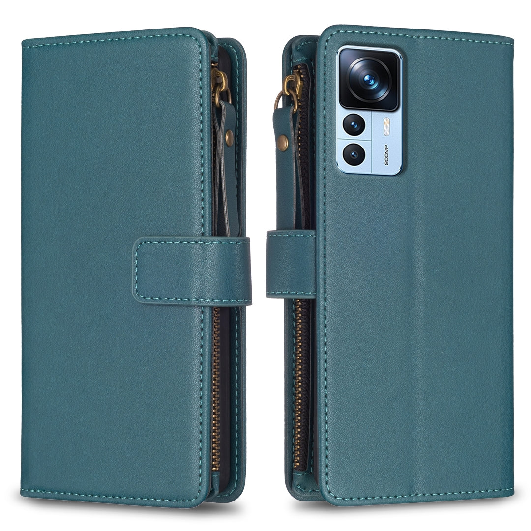 Xiaomi 12T Leather Flip Phone Case with Zipper Wallet and 9 Card Slots, Durable PU + TPU Material