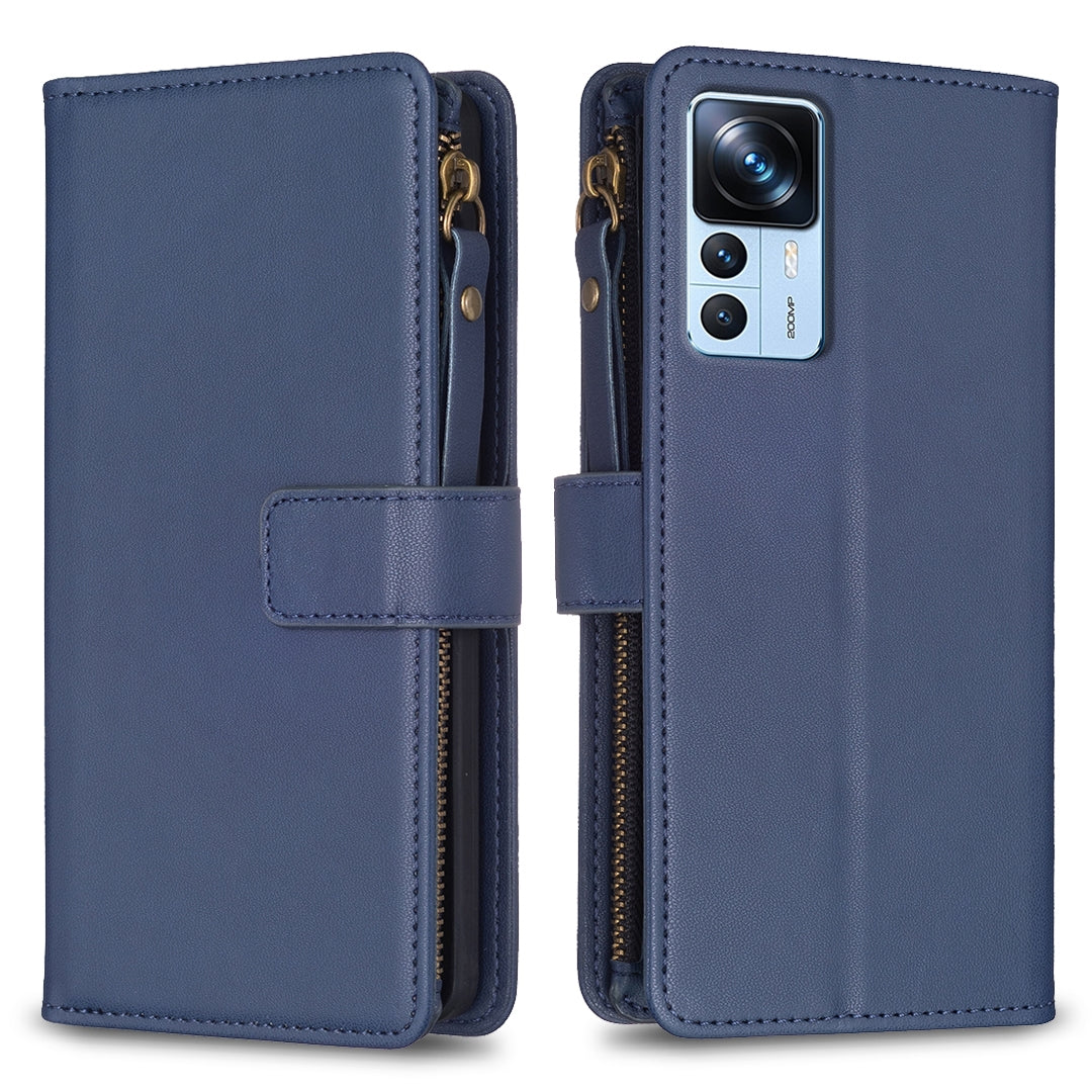 Xiaomi 12T Pro Leather Flip Phone Case with Zipper Wallet and 9 Card Slots, Durable PU + TPU Material