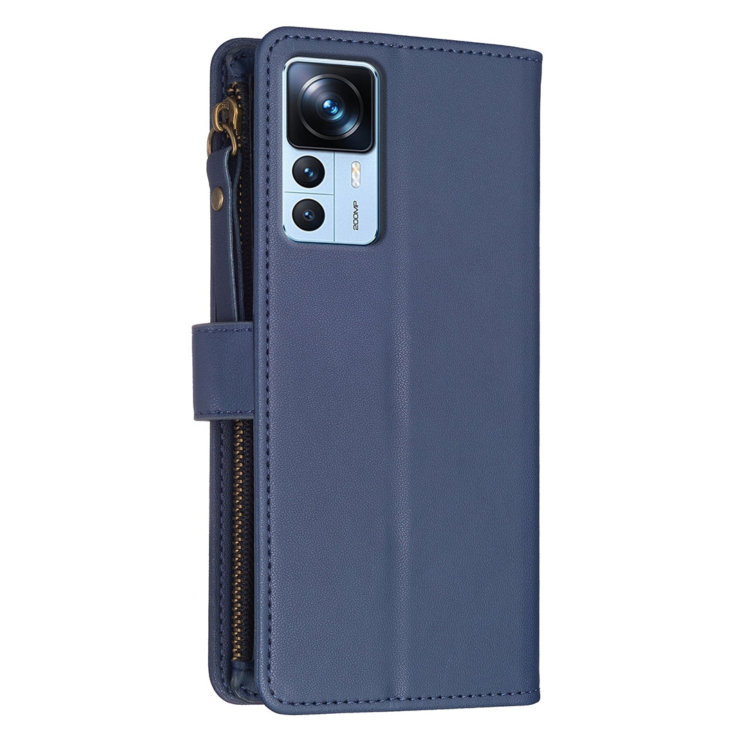 Xiaomi 12T Pro Leather Flip Phone Case with Zipper Wallet and 9 Card Slots, Durable PU + TPU Material