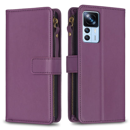 Xiaomi 12T Leather Flip Phone Case with Zipper Wallet and 9 Card Slots, Durable PU + TPU Material