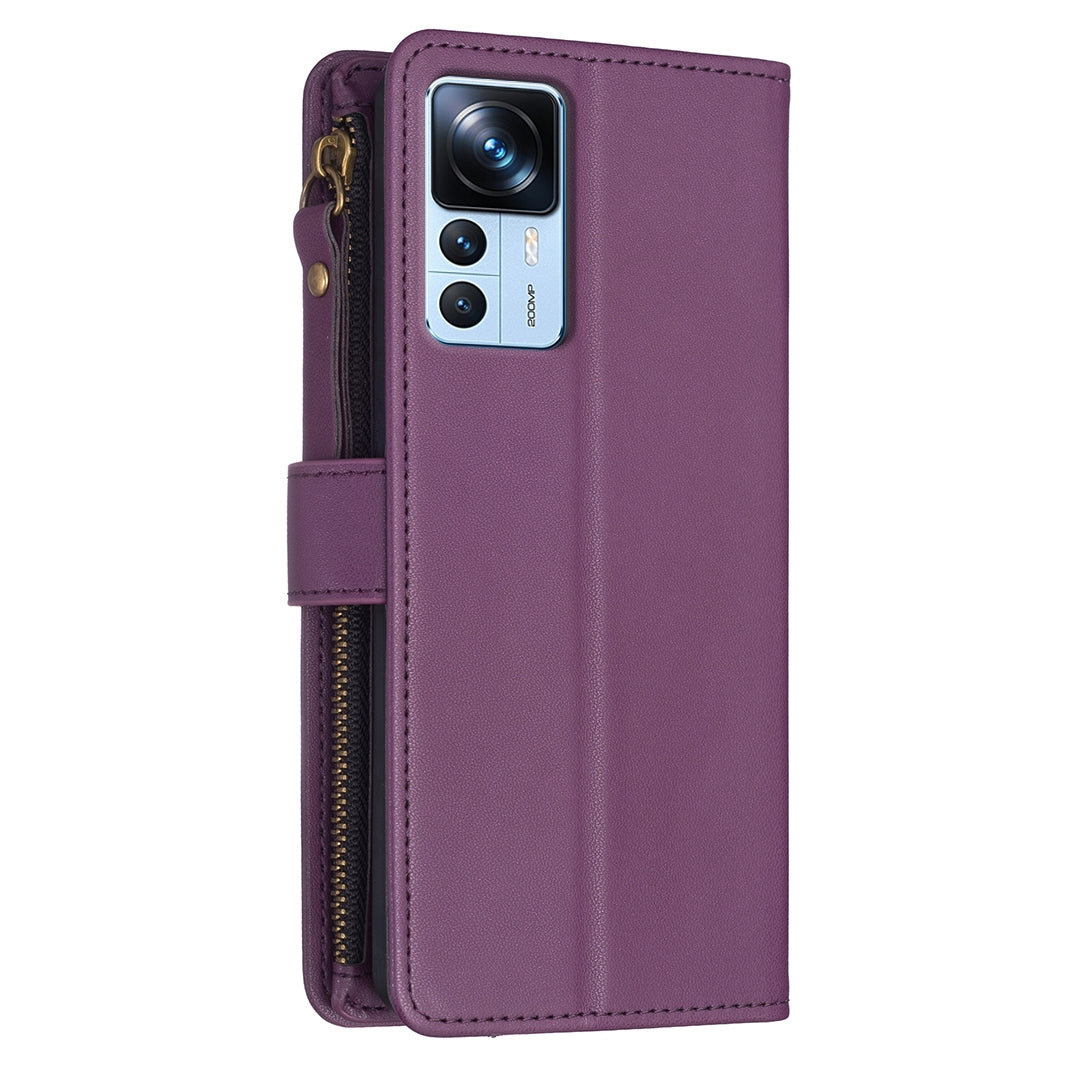 Xiaomi 12T Leather Flip Phone Case with Zipper Wallet and 9 Card Slots, Durable PU + TPU Material