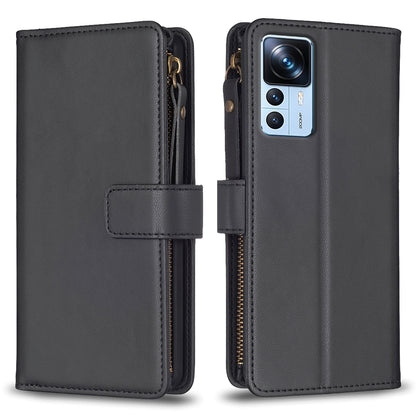 Xiaomi 12T Leather Flip Phone Case with Zipper Wallet and 9 Card Slots, Durable PU + TPU Material