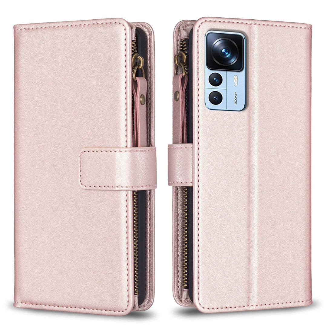 Xiaomi 12T Leather Flip Phone Case with Zipper Wallet and 9 Card Slots, Durable PU + TPU Material