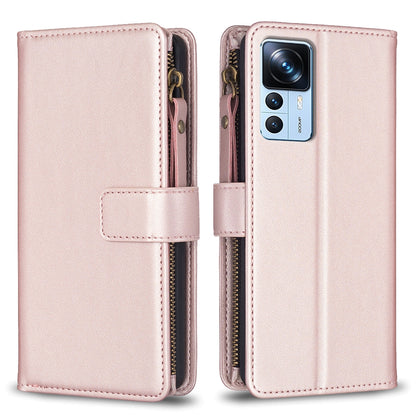 Xiaomi 12T Leather Flip Phone Case with Zipper Wallet and 9 Card Slots, Durable PU + TPU Material