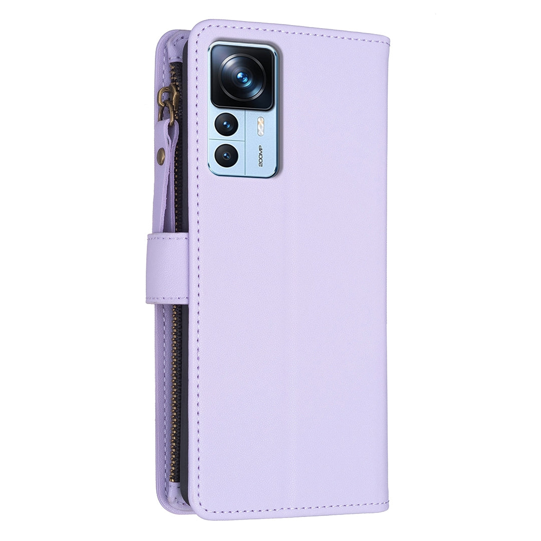 Xiaomi 12T Pro Leather Flip Phone Case with Zipper Wallet and 9 Card Slots, Durable PU + TPU Material