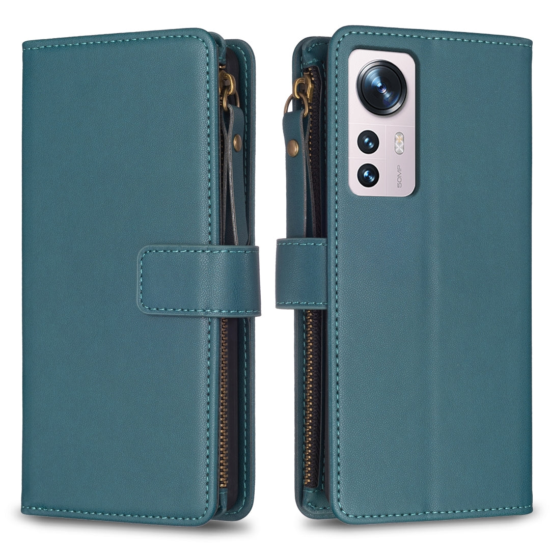 Xiaomi 12 Leather Flip Phone Case with Zipper Wallet and 9 Card Slots, Durable PU + TPU Material