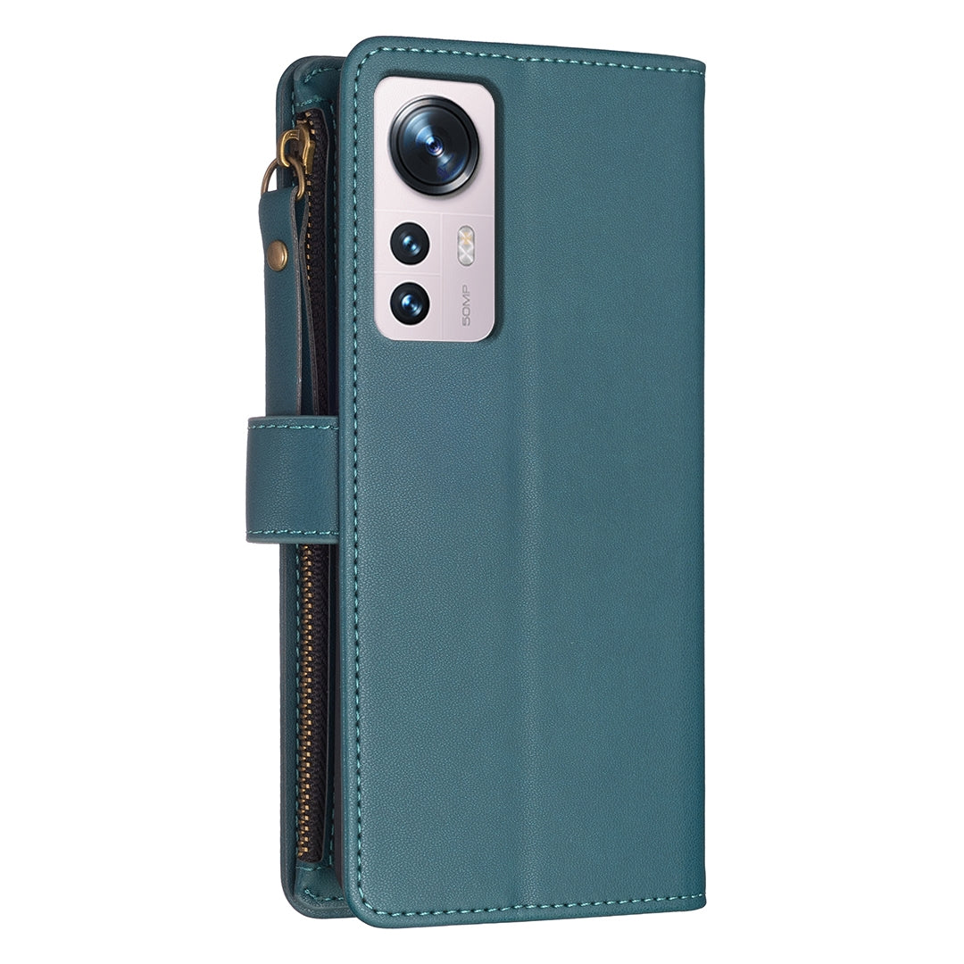 Xiaomi 12 Leather Flip Phone Case with Zipper Wallet and 9 Card Slots, Durable PU + TPU Material