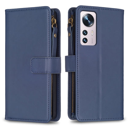 Xiaomi 12 Leather Flip Phone Case with Zipper Wallet and 9 Card Slots, Durable PU + TPU Material