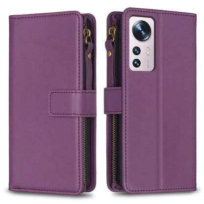 Xiaomi 12 Leather Flip Phone Case with Zipper Wallet and 9 Card Slots, Durable PU + TPU Material