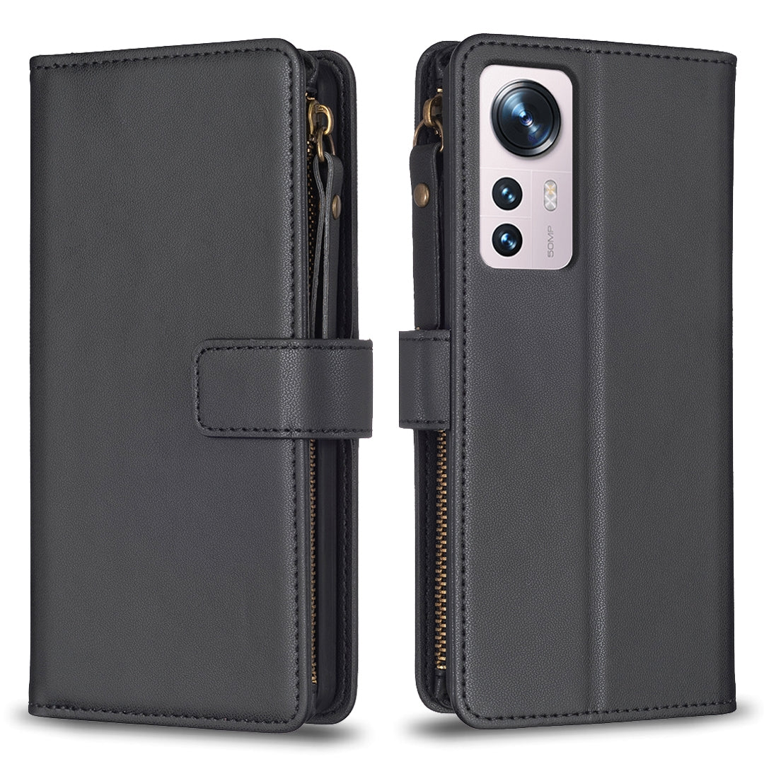 Xiaomi 12 Leather Flip Phone Case with Zipper Wallet and 9 Card Slots, Durable PU + TPU Material