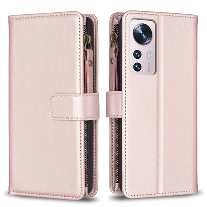 Xiaomi 12 Leather Flip Phone Case with Zipper Wallet and 9 Card Slots, Durable PU + TPU Material