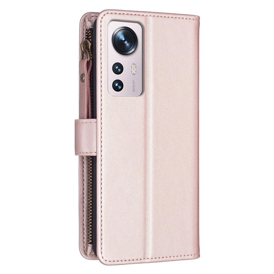 Xiaomi 12 Leather Flip Phone Case with Zipper Wallet and 9 Card Slots, Durable PU + TPU Material