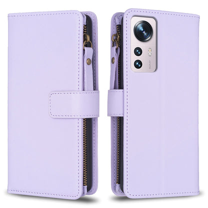 Xiaomi 12 Leather Flip Phone Case with Zipper Wallet and 9 Card Slots, Durable PU + TPU Material