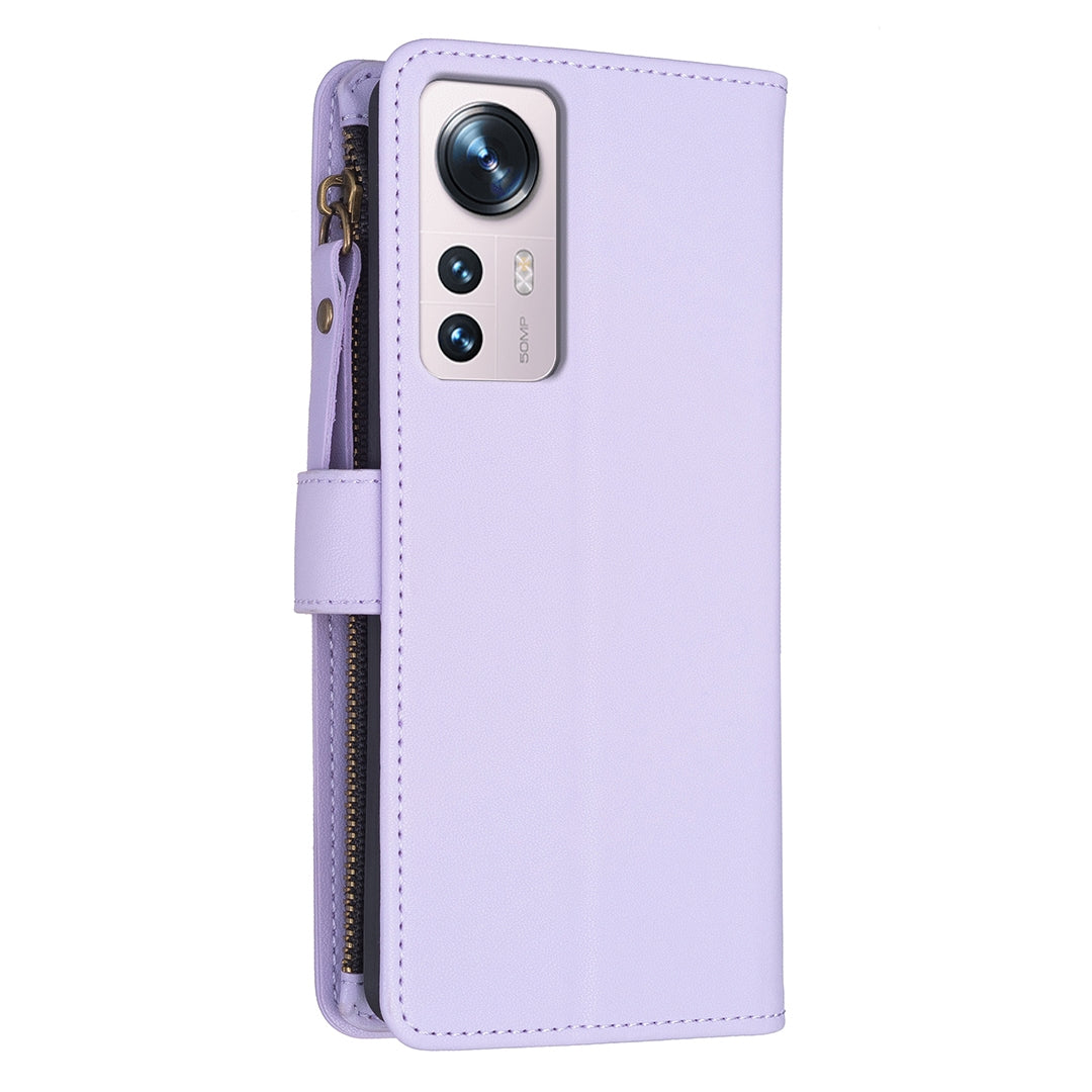 Xiaomi 12 Leather Flip Phone Case with Zipper Wallet and 9 Card Slots, Durable PU + TPU Material