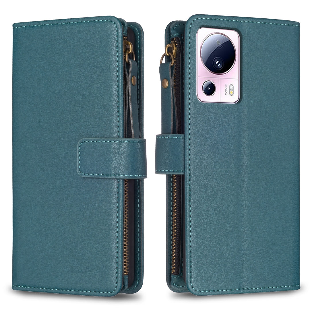 Xiaomi 13 Lite Leather Flip Phone Case with Zipper Wallet and 9 Card Slots, Durable PU + TPU Material