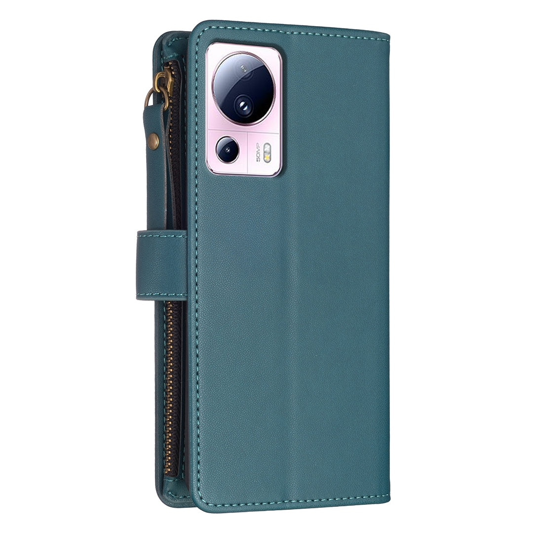 Xiaomi 13 Lite Leather Flip Phone Case with Zipper Wallet and 9 Card Slots, Durable PU + TPU Material