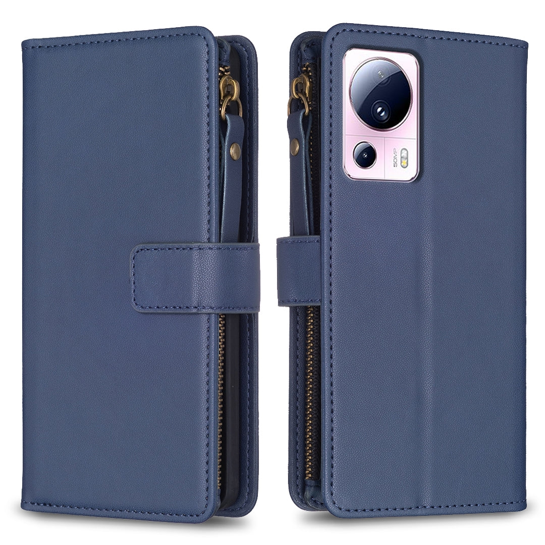 Xiaomi 13 Lite Leather Flip Phone Case with Zipper Wallet and 9 Card Slots, Durable PU + TPU Material