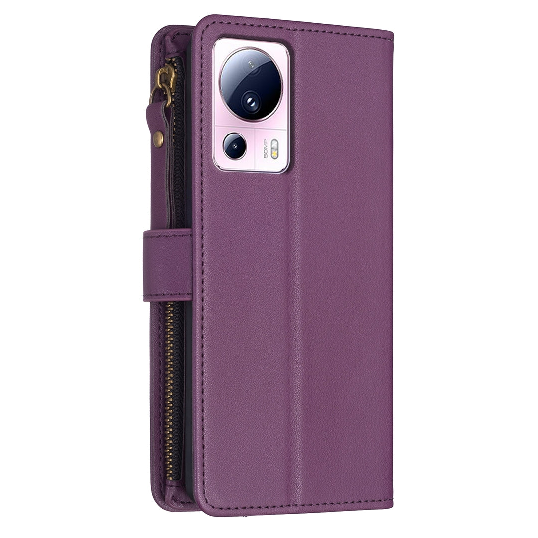 Xiaomi 13 Lite Leather Flip Phone Case with Zipper Wallet and 9 Card Slots, Durable PU + TPU Material