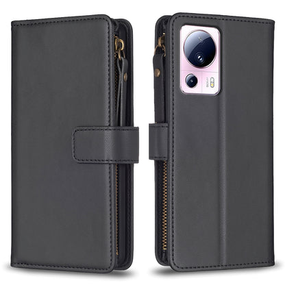 Xiaomi 13 Lite Leather Flip Phone Case with Zipper Wallet and 9 Card Slots, Durable PU + TPU Material