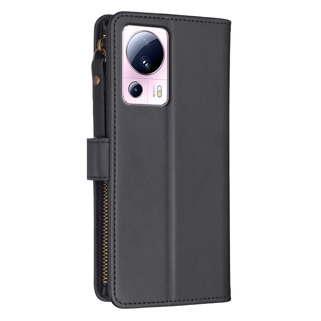 Xiaomi 13 Lite Leather Flip Phone Case with Zipper Wallet and 9 Card Slots, Durable PU + TPU Material