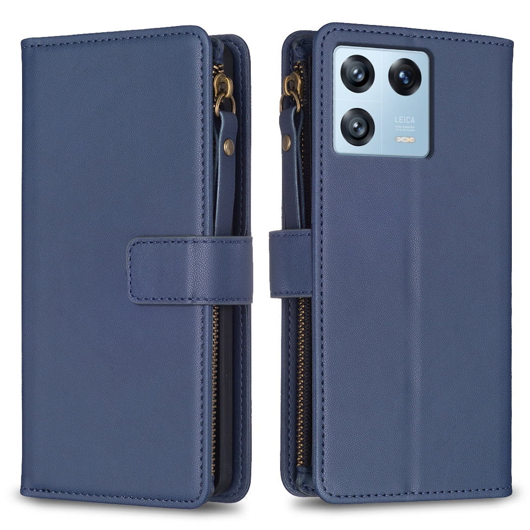 Xiaomi 13 Pro Leather Flip Phone Case with Zipper Wallet and 9 Card Slots, Durable PU + TPU Material