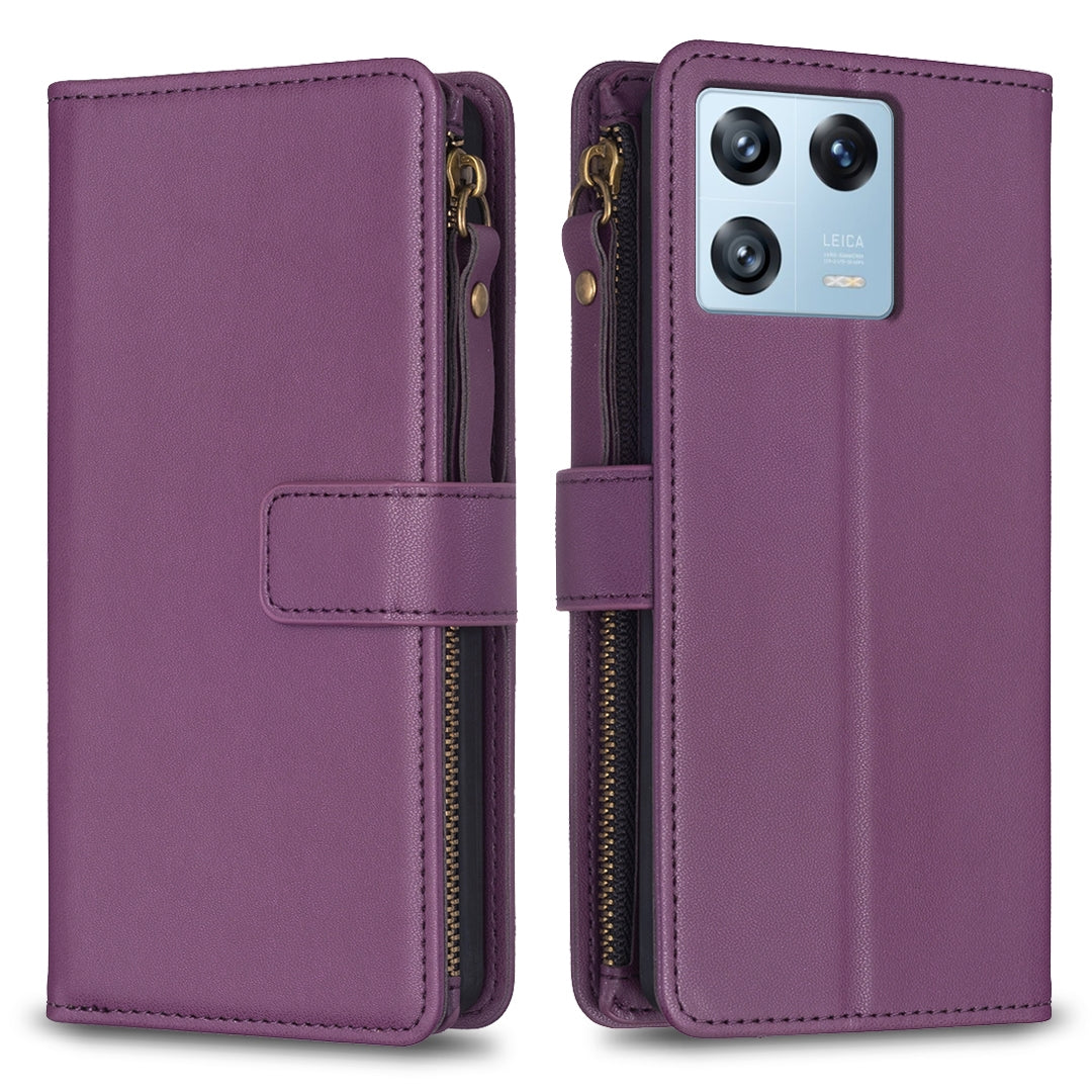 Xiaomi 13 Pro Leather Flip Phone Case with Zipper Wallet and 9 Card Slots, Durable PU + TPU Material