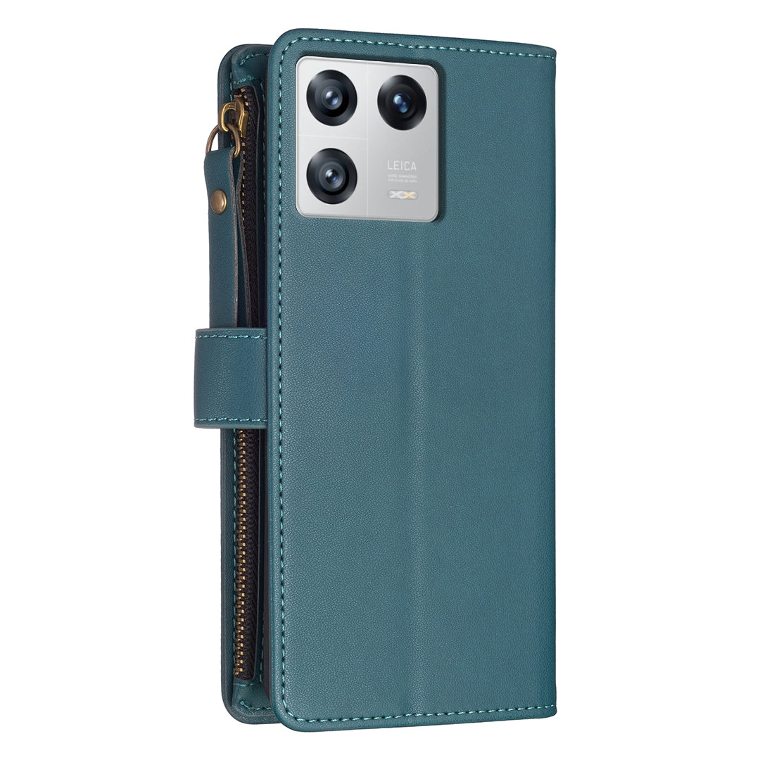 Xiaomi 13 Leather Flip Phone Case with Zipper Wallet and 9 Card Slots, Durable PU + TPU Material