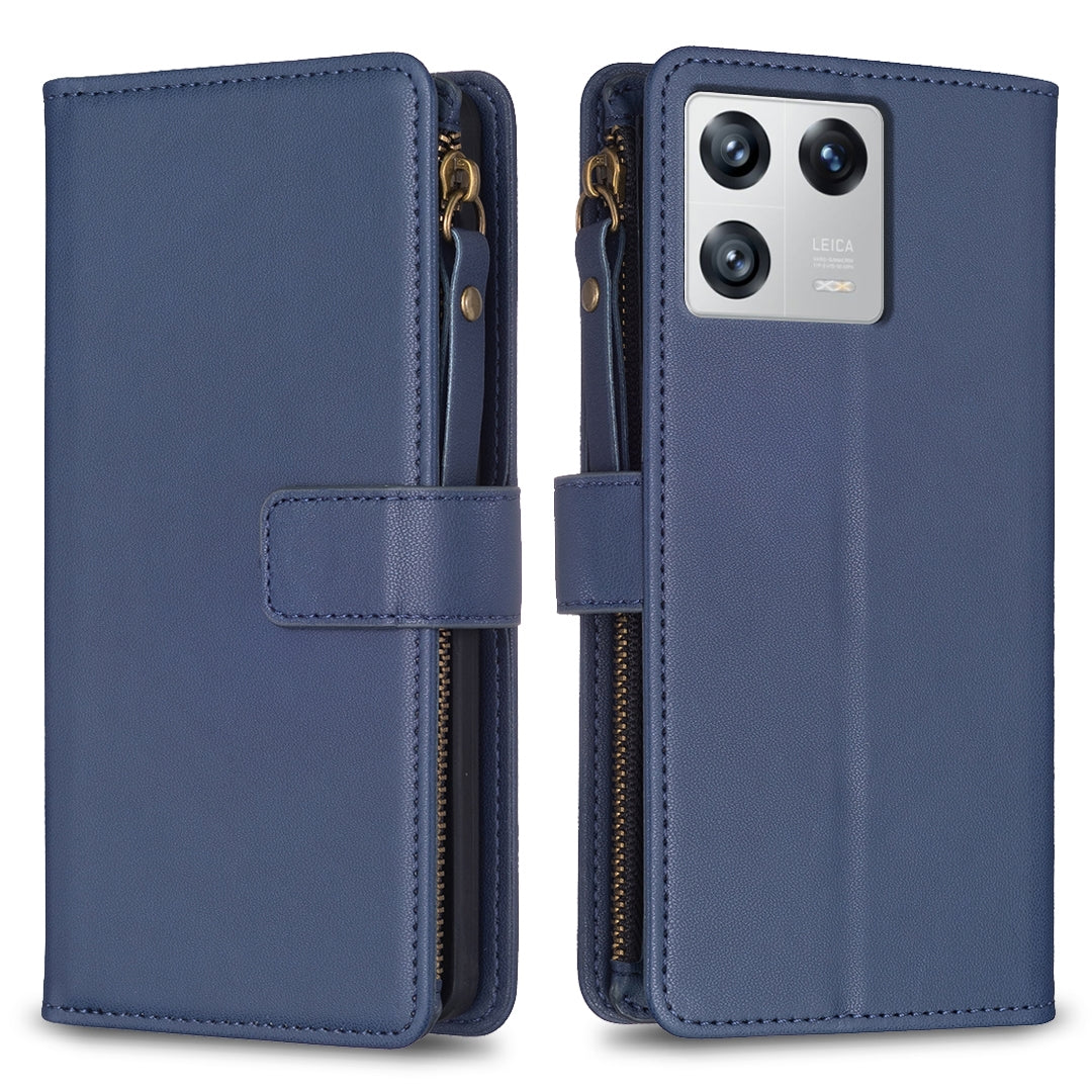 Xiaomi 13 Leather Flip Phone Case with Zipper Wallet and 9 Card Slots, Durable PU + TPU Material