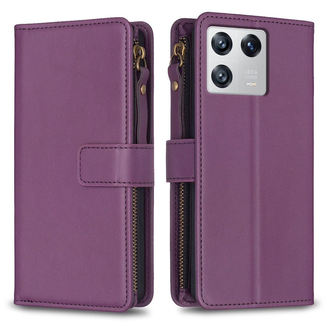 Xiaomi 13 Leather Flip Phone Case with Zipper Wallet and 9 Card Slots, Durable PU + TPU Material