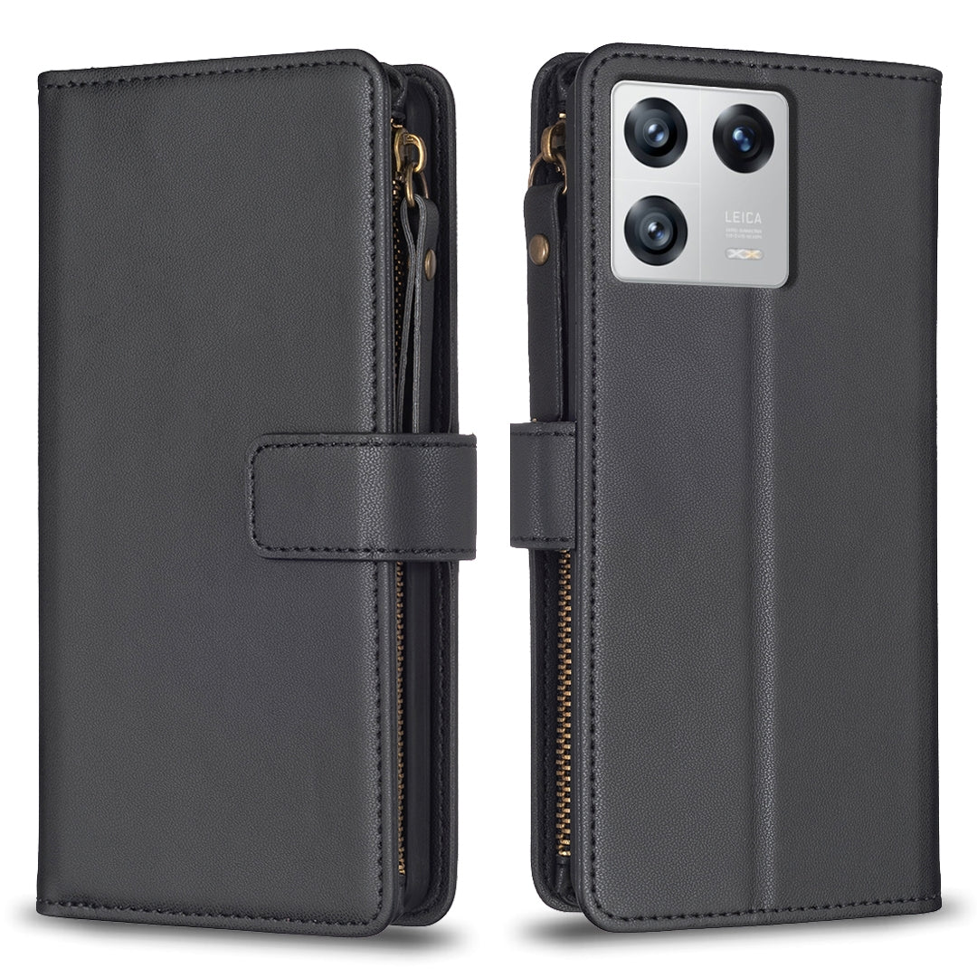 Xiaomi 13 Leather Flip Phone Case with Zipper Wallet and 9 Card Slots, Durable PU + TPU Material