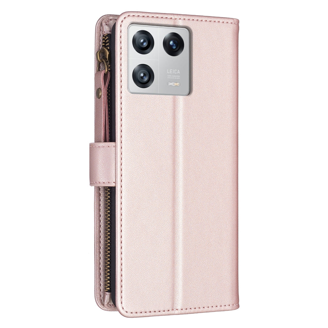 Xiaomi 13 Leather Flip Phone Case with Zipper Wallet and 9 Card Slots, Durable PU + TPU Material