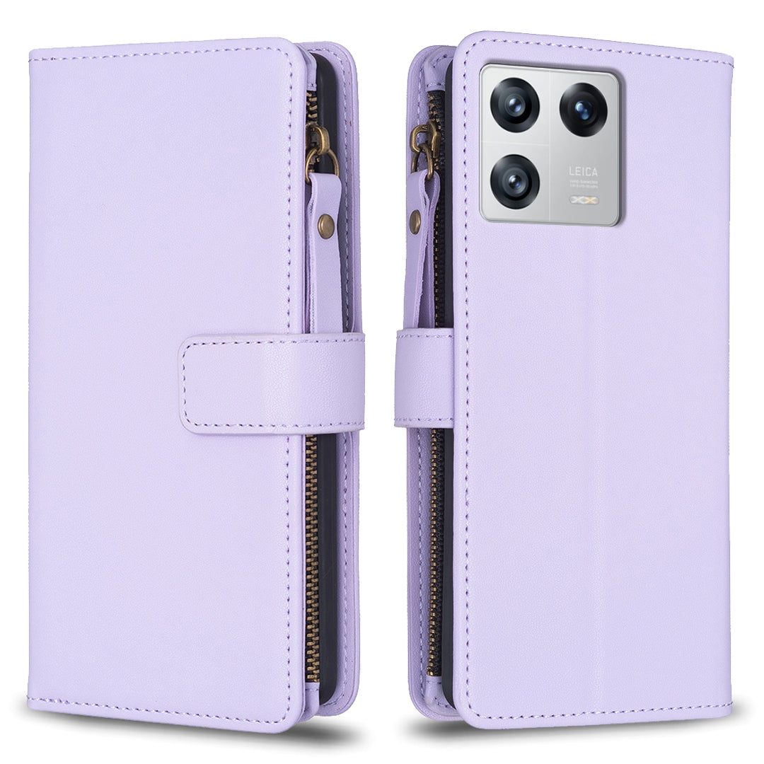 Xiaomi 13 Leather Flip Phone Case with Zipper Wallet and 9 Card Slots, Durable PU + TPU Material