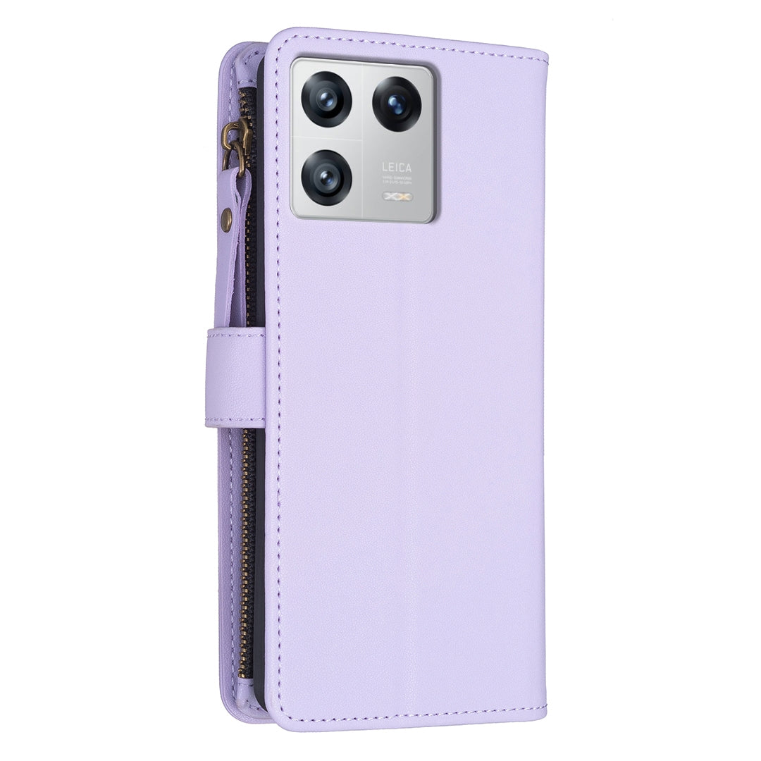 Xiaomi 13 Leather Flip Phone Case with Zipper Wallet and 9 Card Slots, Durable PU + TPU Material