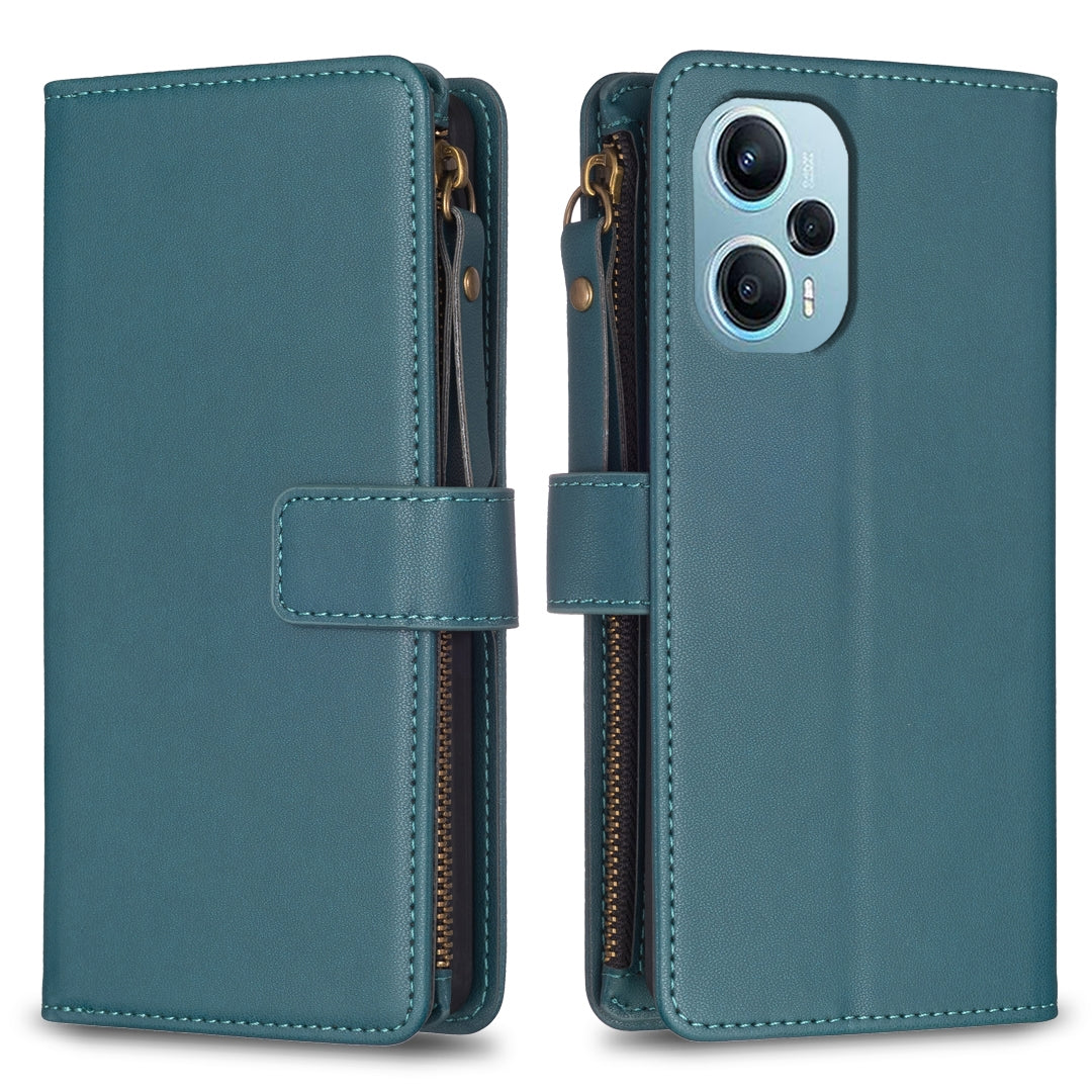 Xiaomi Poco F5 5G Leather Flip Phone Case with Zipper Wallet and 9 Card Slots, Durable PU + TPU Material