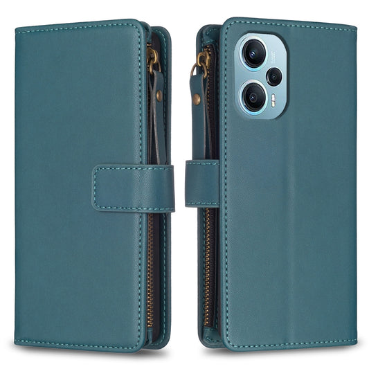 Xiaomi Poco F5 5G Leather Flip Phone Case with Zipper Wallet and 9 Card Slots, Durable PU + TPU Material