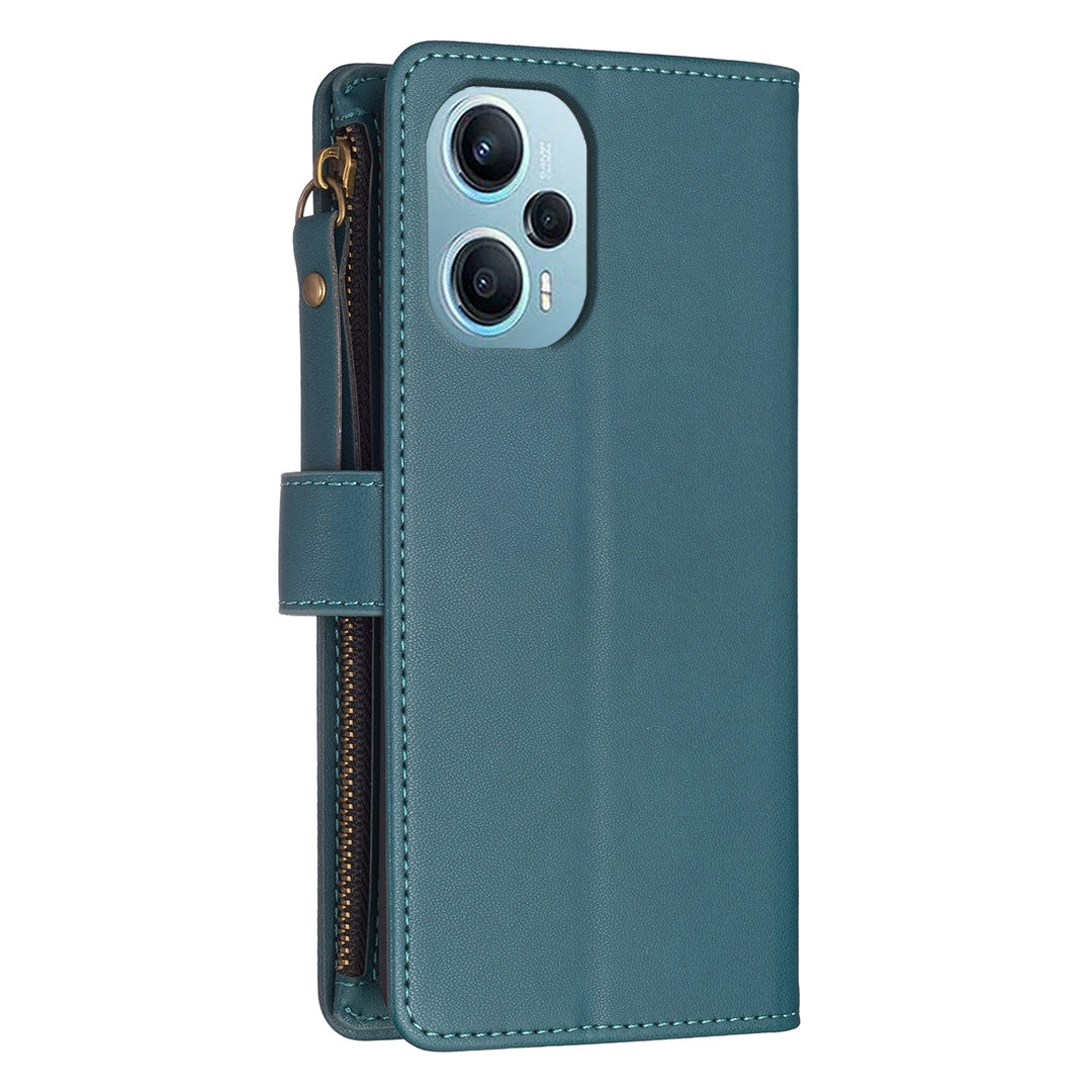 Xiaomi Poco F5 5G Leather Flip Phone Case with Zipper Wallet and 9 Card Slots, Durable PU + TPU Material